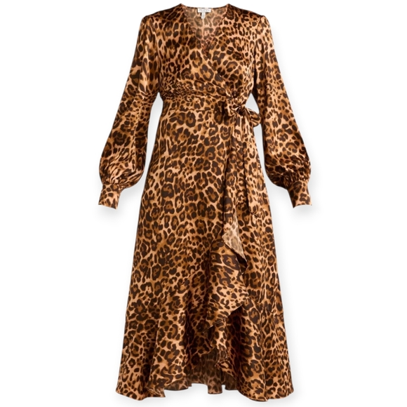 NWT Leopard Print Midi Ruffle Hem Faux Wrap Dress Small Animal Print Long Sleeve - Picture 1 of 9